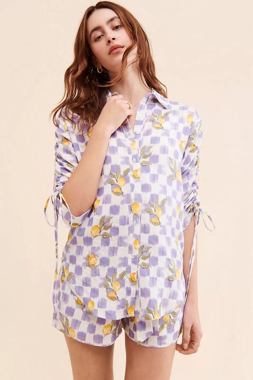 Anthropologie La Porte Lemon Printed Cinch Sleeve Shirt Linen Oversized Women XS